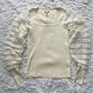 BiBi Ribbed Knit Square Neck Tiered Ruffle Lace Puff Sleeve Sweater